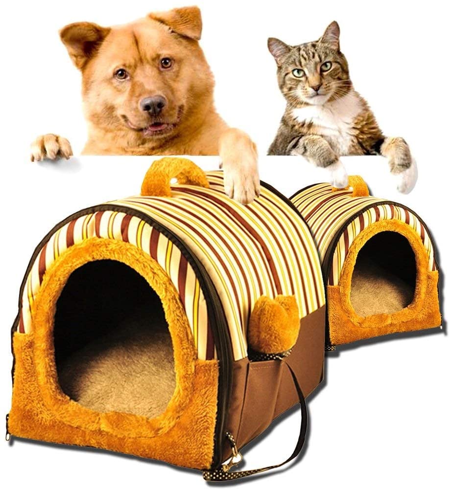  AYWJ Casa para Mascotas 2-en-1 Y Sofá Portátil, Camas Antideslizantes para Gatos Igloo para Perros Regalo Encantador Y Encantador para La Casa De Mascotas Rayas para Café 