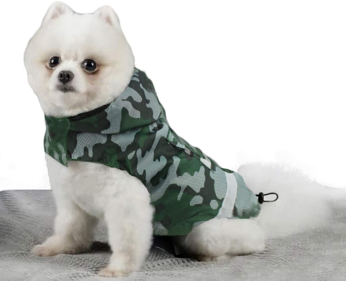  Babydog Abrigo Chaleco Impermeable para Perro con Capucha, Forro Transpirable y Sin Mangas, Cierre Velcro, Bolsillo Espalda, Modelo Camuflaje Militar (S, Verde) 