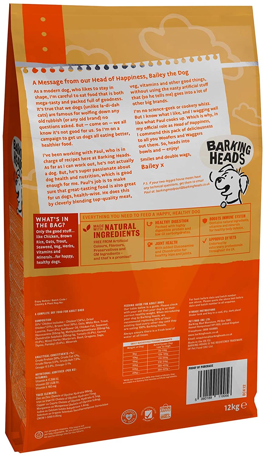  Barking Heads Comida Seca para Perros - Bowl Lickin' Chicken - Pollo 100% natural sin aromas artificiales, Ayuda a mejorar la digestión y la salud de las articulaciones, 12 kg 