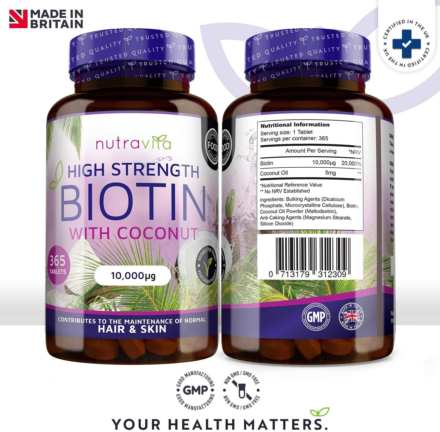 Biotina con Aceite de Coco - Biotina 10000 mcg para Crecimiento del Cabello y uñas - Vitamina B7 para un mejor resultado - 365 Tabletas (Suministro para 1 año) - Hecho en el Reido Unido por Nutravita 