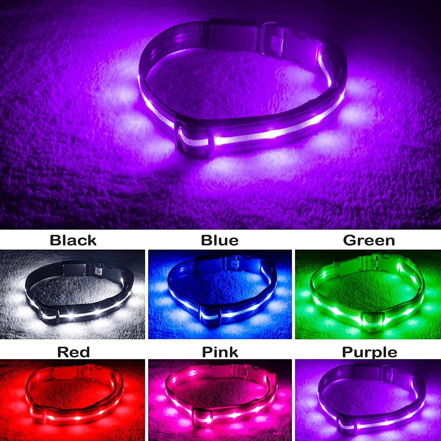  Blazin' Bison Seguridad LED Collar de perro - USB recargable con luz violeta medio intermitente resistente al agua 