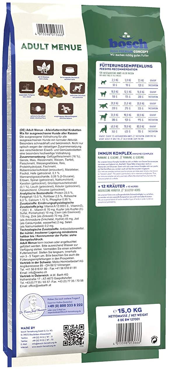  bosch HPC Adult Menue | Mezcla de croquettas para perros adultos de todas las razas | Con muchas hierbas valiosas | 15 kg 