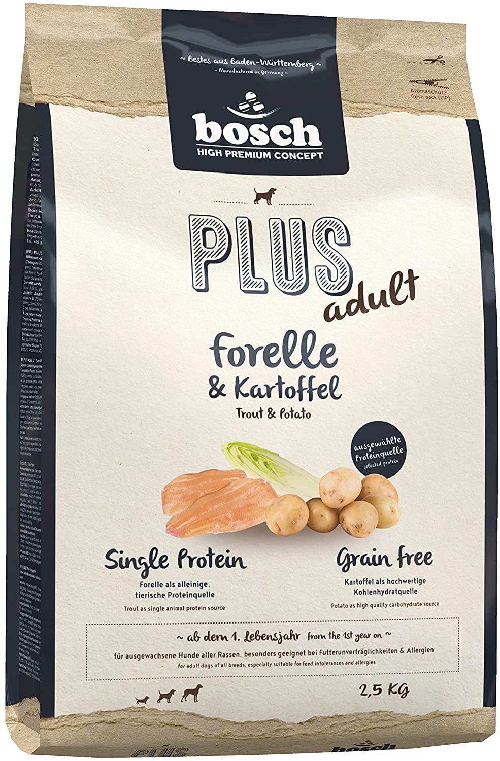  bosch HPC PLUS adult | Trucha y Patata | Comida seca para perros adultos de todas las razas | Sin cereales | 12,5 kg 