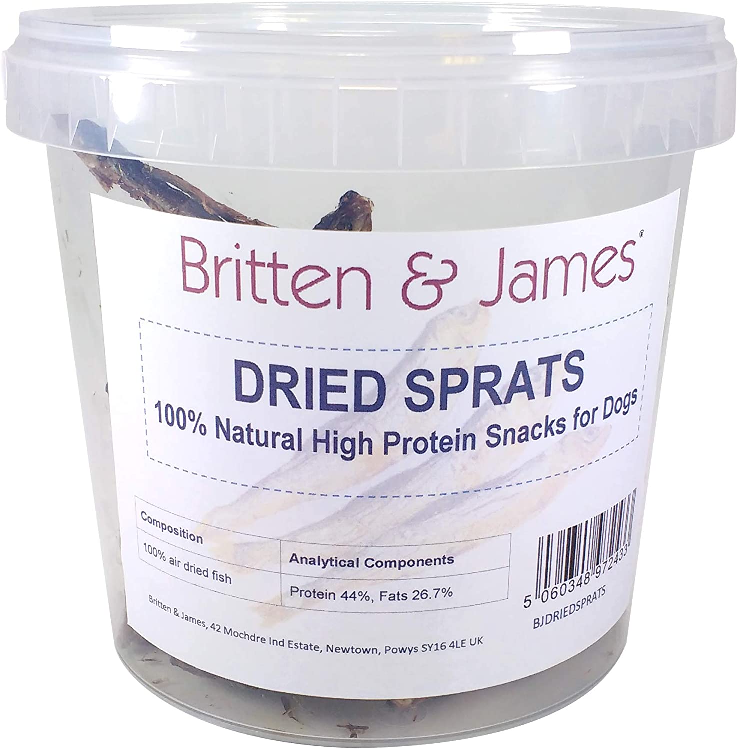  Britten and James pequeño Pescado seco para Perros 100% Natural, Saludable, refrigerio Rico en proteínas y golosinas de Entrenamiento para Perros. 200 g en una bañera Reutilizable 