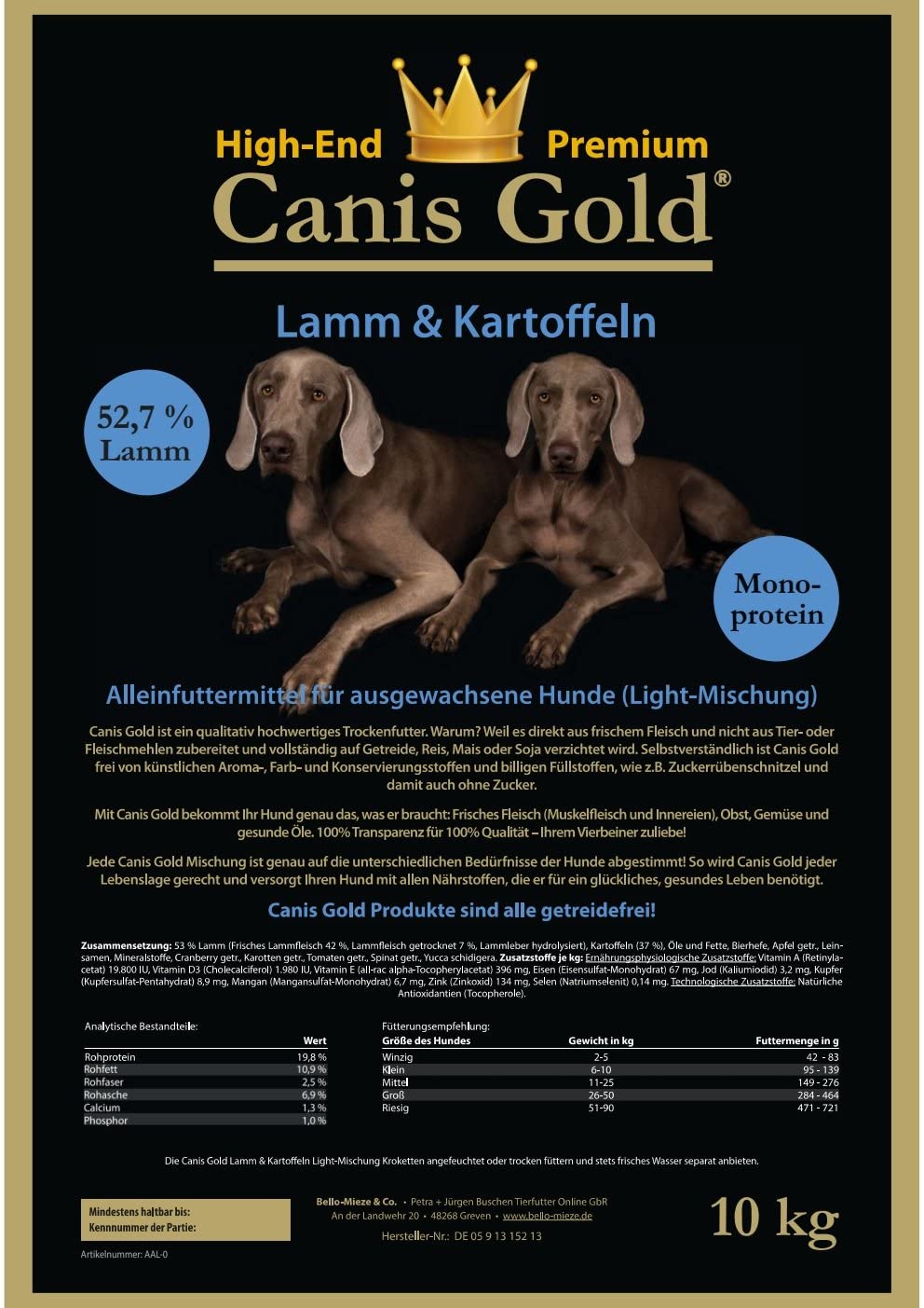  Canis Oro 5 Kg Light 52,7% Cordero patatas | monopro calcárea | getreidefreies Super Premium Perros trockenfutter 