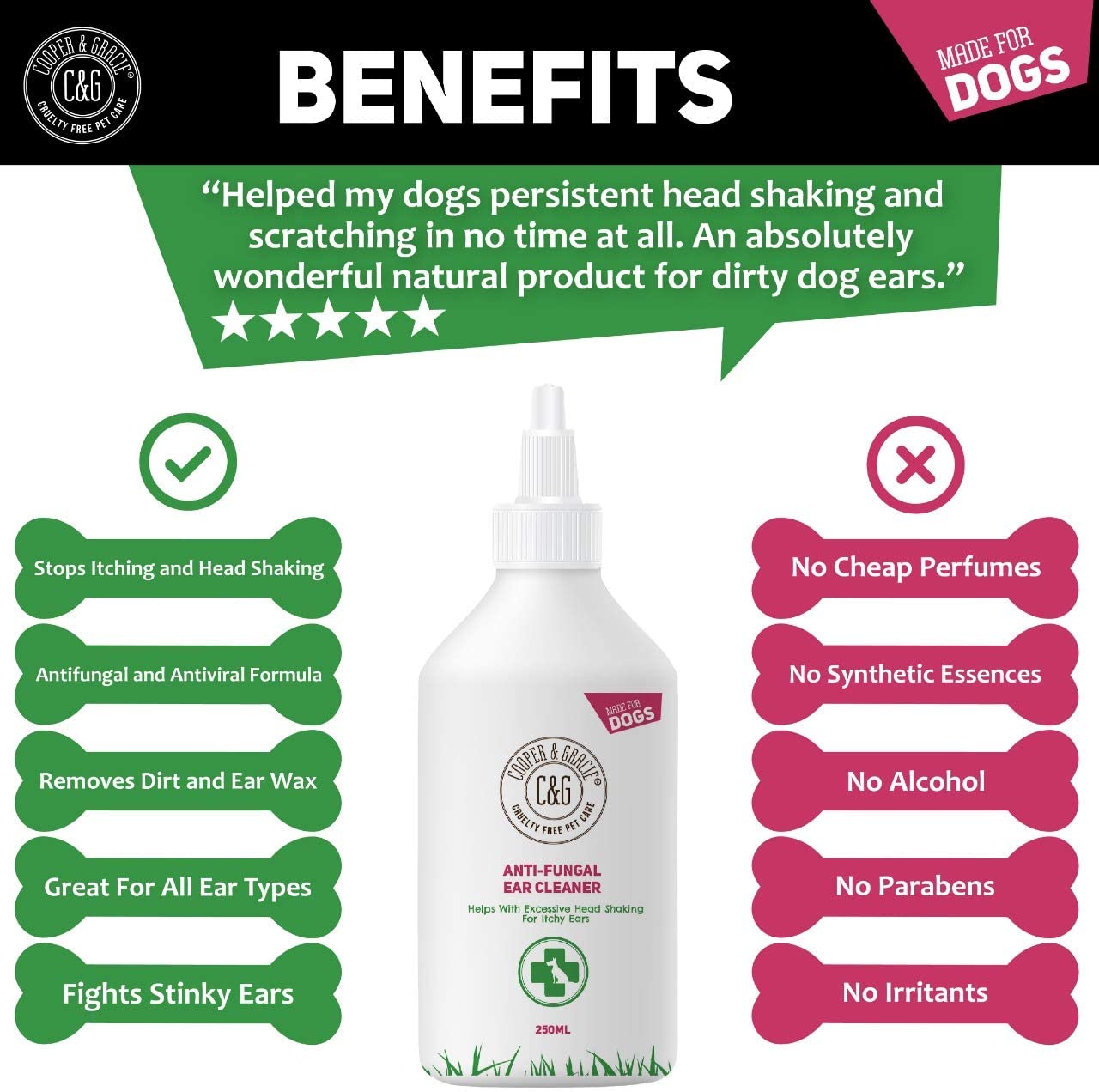  C&G Dog Ear Cleaner 250 ML | Stop Itchching, Head Shaking & Ears Smell - Fórmula Antiviral - para Perros con picor y Olor a Oreja 