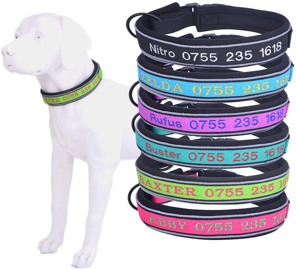  Collar de perro personalizado-Forro suave, reflectante,Ajustable,fuerte Collar de perro-Nombre del perro bordado y número de teléfono-Adecuado para perros machos pequeños, medianos, grandes, perras 