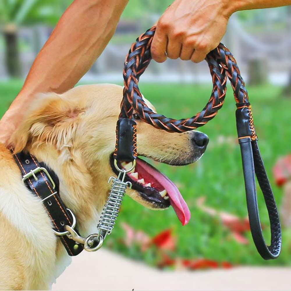  Correa de Perro de Cuero, Motionjoy Trenzado de cuero correa de perro formación a pie de plomo para perros grandes medianos - Negro 