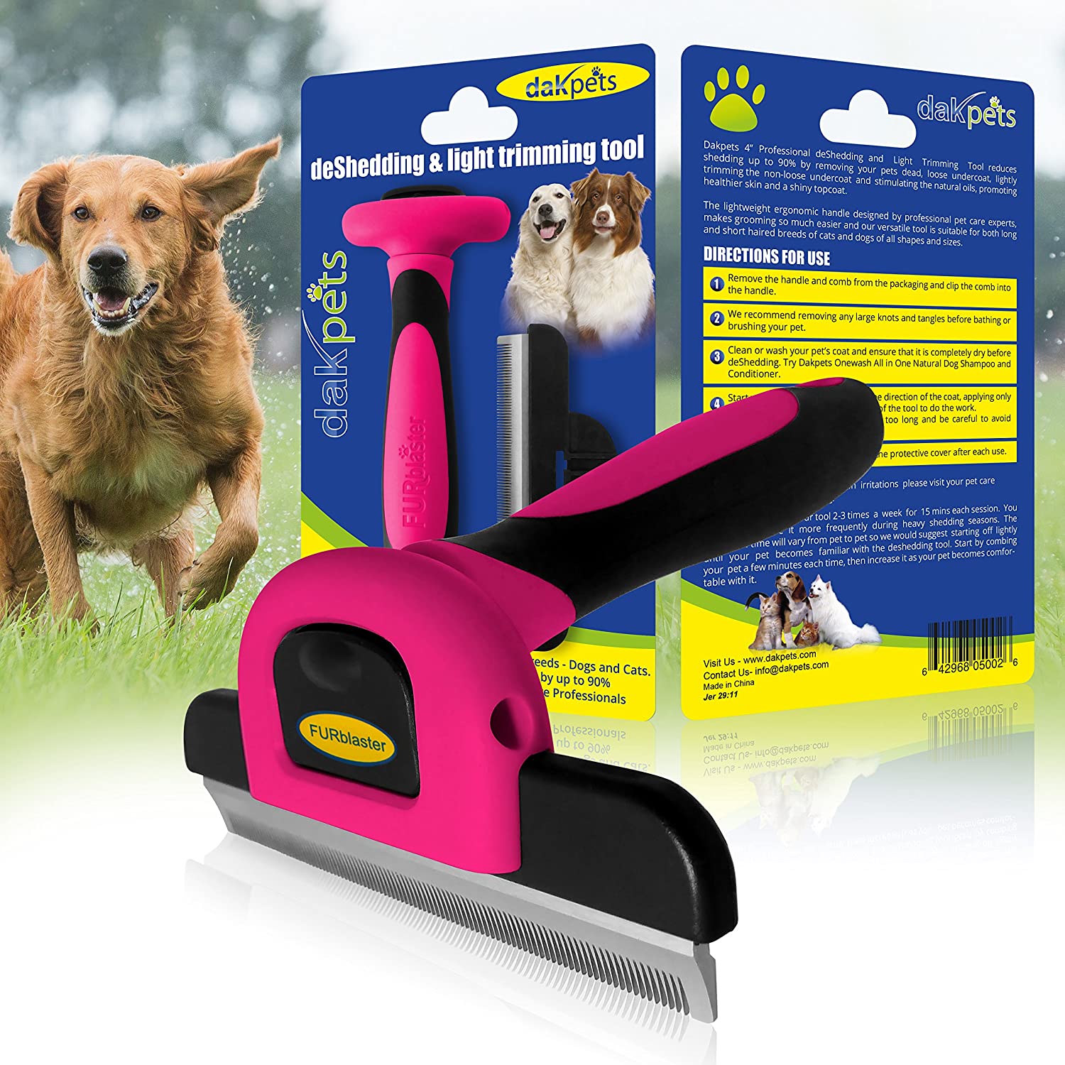  DakPets FURblaster - Cepillo de Aseo para Perros Pequeños, Medianos y Grandes + Gatos con Pelaje Corto a Largo, Color Rosa Caliente 