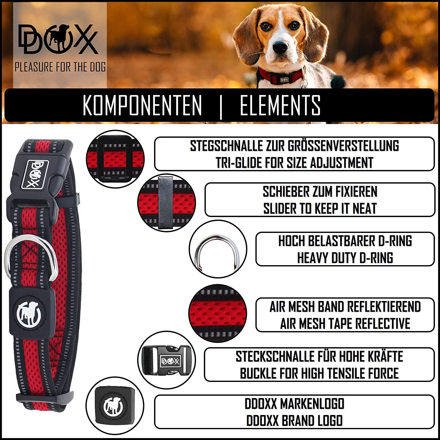  DDOXX Collar Perro Air Mesh, Ajustable, Reflectante, Acolchado | Diferentes Colores & Tamaños | para Perros Pequeño, Mediano y Grande | Collares Accesorios Gato Cachorro | Rojo, S 