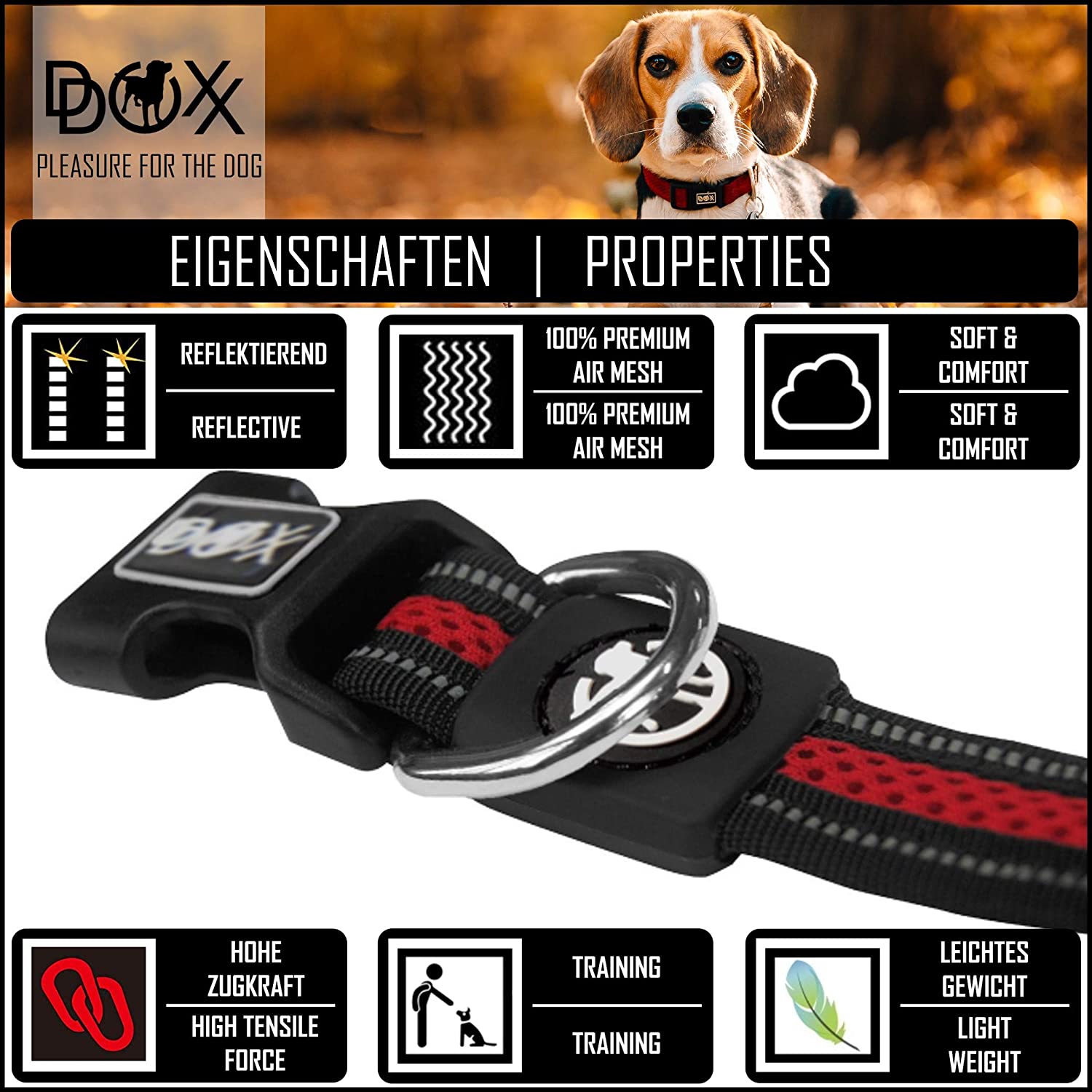  DDOXX Collar Perro Air Mesh, Ajustable, Reflectante, Acolchado | Diferentes Colores & Tamaños | para Perros Pequeño, Mediano y Grande | Collares Accesorios Gato Cachorro | Rojo, S 