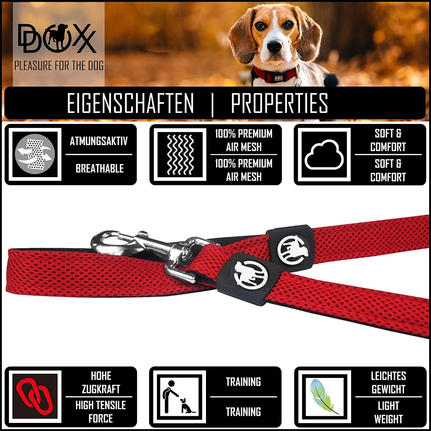  DDOXX Correa Perro Air Mesh, Acolchado, Lazo de Mano, 120 cm | Diferentes Colores & Tamaños | para Perros Pequeño, Mediano y Grande | Accesorios Gato Cachorro | Negro, XS 
