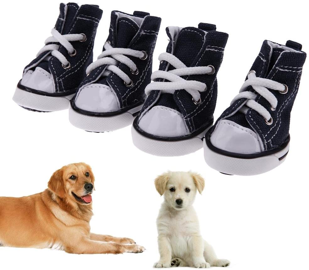  Domybest - 4 zapatos de perro en tejido vaquero antideslizantes impermeables, con diseño de zapatillas deportivas 