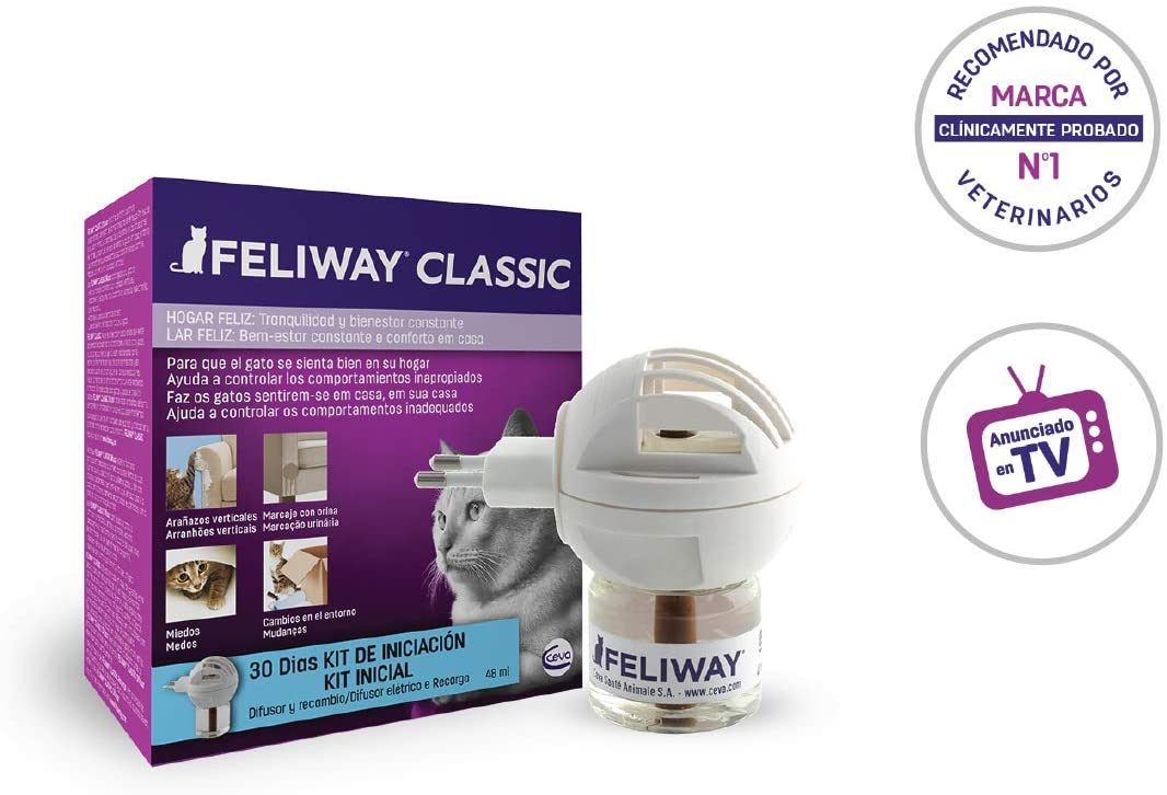  FELIWAY Classic - Antiestrés para gatos - Marcaje con orina, Miedos, Cambios en el entorno, Arañazos Verticales - Difusor + Recambio 48ml 