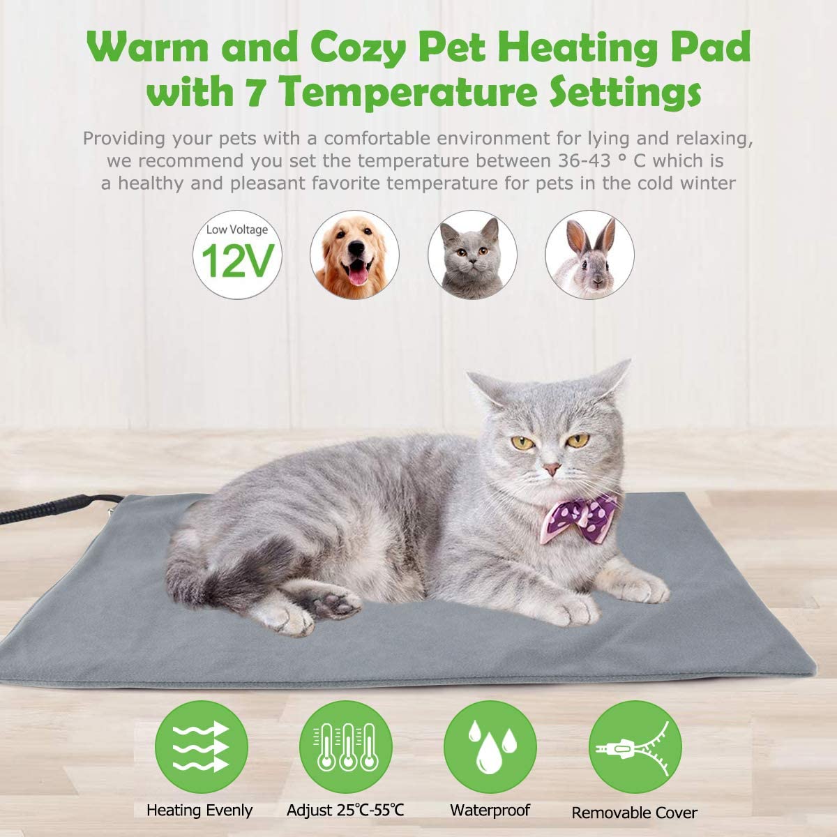  FOCHEA Manta Eléctrica Mascotas, Cojín de Calefacción para Perros y Gatos con 7 Niveles de Temperatura Ajustable, 25~55℃, 2 Cubiertas de Muletón (65 * 40 cm) 