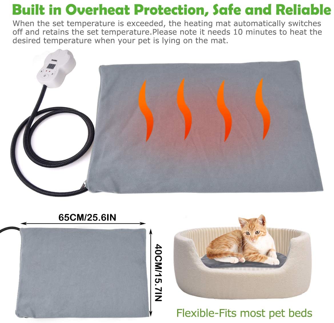  FOCHEA Manta Eléctrica Mascotas, Cojín de Calefacción para Perros y Gatos con 7 Niveles de Temperatura Ajustable, 25~55℃, 2 Cubiertas de Muletón (65 * 40 cm) 