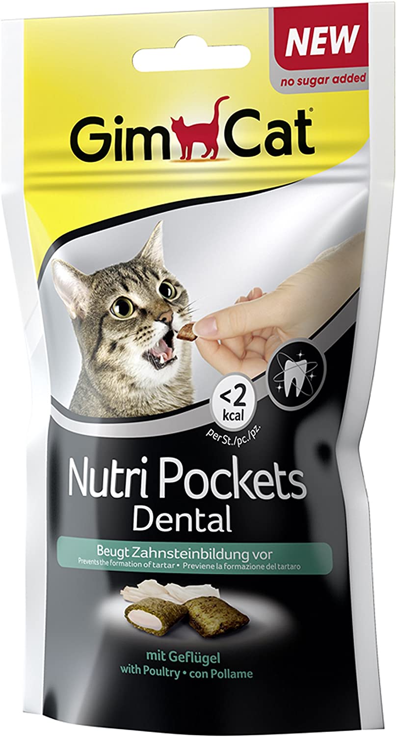 GimCat Nutri Pockets Dental, poco calorías Knuspersnack para gatos con relleno cremoso e ingredientes funcionales, sin azúcar, 1 bolsa (1 x 60 g) 