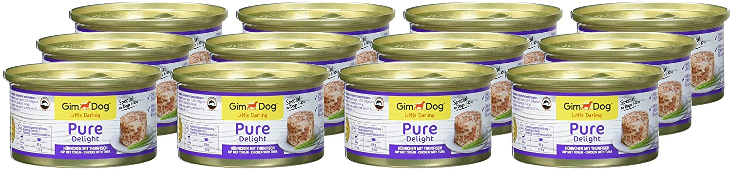  GimDog Pure Delight, pollo con atún – Snack rico en proteínas en deliciosa gelatina – Especial para perros de hasta 10 kg – Sin azúcar añadido – 12 latas (12 x 85 g) 