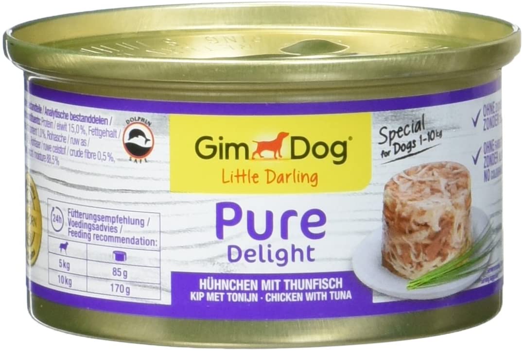  GimDog Pure Delight, pollo con atún – Snack rico en proteínas en deliciosa gelatina – Especial para perros de hasta 10 kg – Sin azúcar añadido – 12 latas (12 x 85 g) 