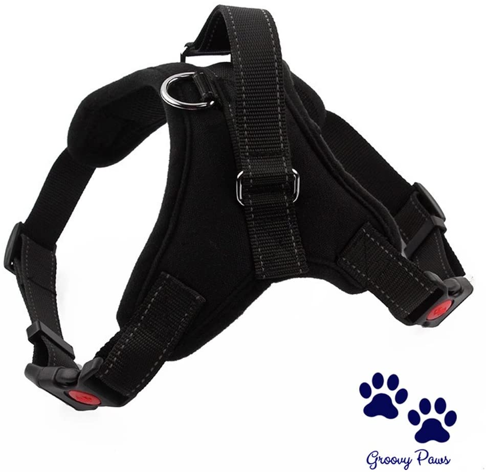 GroovyPaws - Arnés para perro que no tire reflectante, ajustable, para perro o collar, chaleco de servicio, chaleco acolchado para el cuerpo del perro, arnés para caminar con asa (M) 