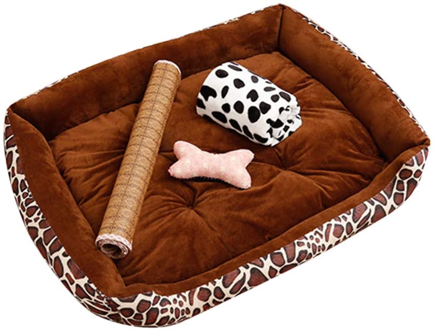  GUOCU Cama Rectangular para Mascotas Diseño de Leopardo Suave Calentar Cómodo Colchoneta para Perro Conjunto de Cuatro Piezas Beige W XS 