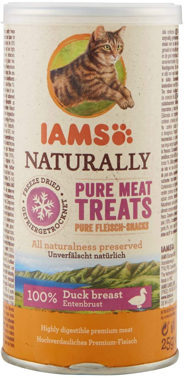  IAMS Naturally Treats para gatos 100% carne de pato Calidad nutricional y sabor conservado - Bajo en grasas - Sin cereales: OMG, azúcares añadidos, conservantes - Tubo de 25 g - Lote de 4 