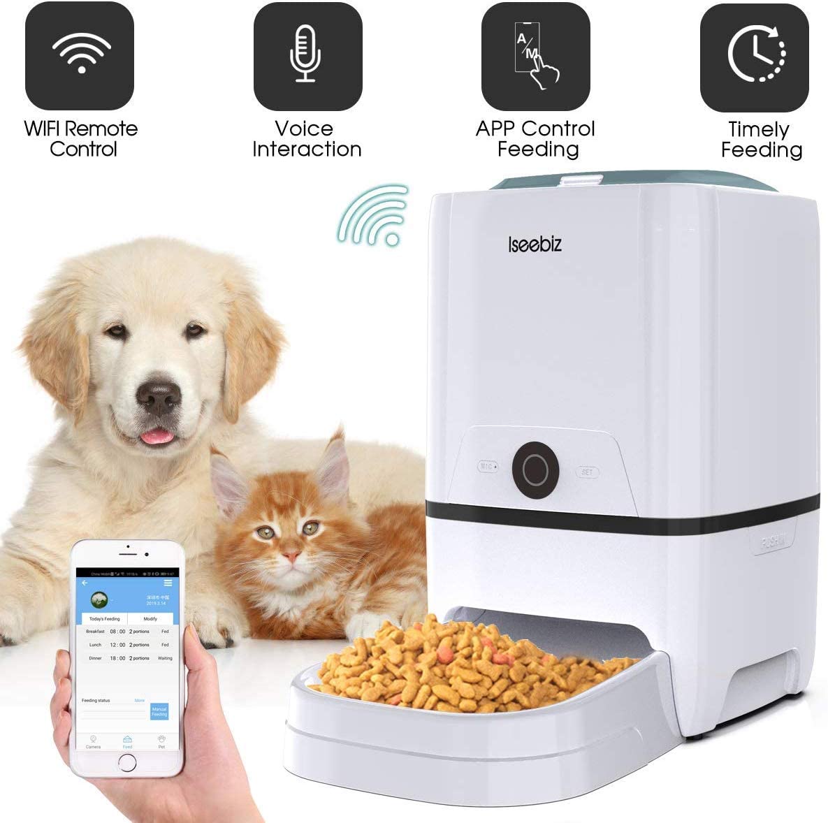  Iseebiz Comedero Automático Gatos/Perros Dispensador de Comida WiFi con App Control, Recordatorio por Voz, 6litros 
