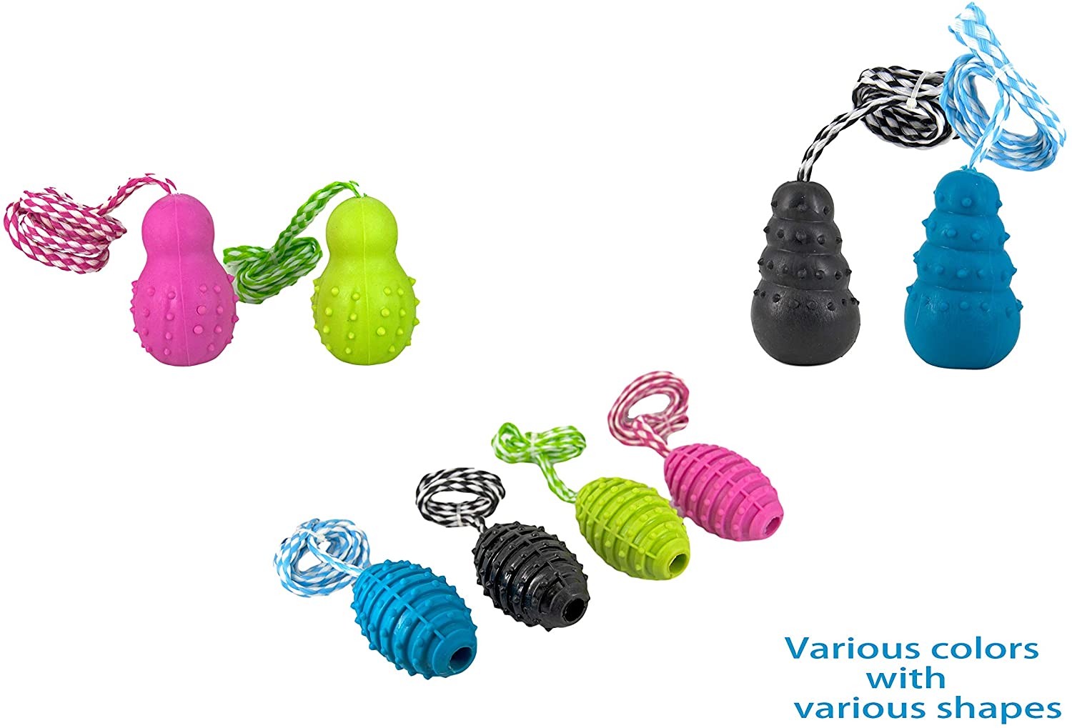  Juguetes de goma masticar divertido saltarina resistente sonido de forma torre en una cuerda de 40 cm para perros más un regalo de pelota vinilo de 9 cm, enviados de formas y colores aleatorios. 