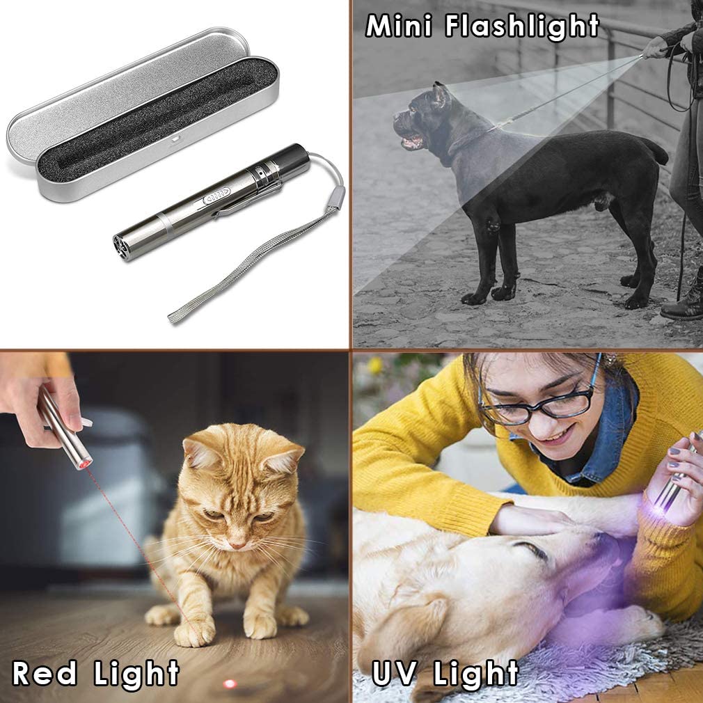  Juguetes para gatos Puntero LED, USB recargable 3 en 1 Función, Mini linterna + Luz roja + Luz ultravioleta, Interactivo Mascota Comando de luz, Herramienta de entrenamiento para Gato Perro Cazador 