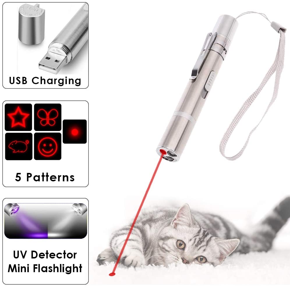  Juguetes para gatos Puntero LED, USB recargable 3 en 1 Función, Mini linterna + Luz roja + Luz ultravioleta, Interactivo Mascota Comando de luz, Herramienta de entrenamiento para Gato Perro Cazador 