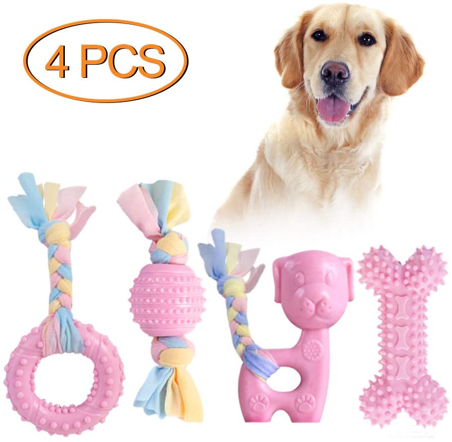  JYPS Puppy Chew Toys, 4pcs Juego de Juguete para la dentición del Perro con Bolas y Cuerdas de algodón Regalo Interactivo de Juguetes para Mascotas para Cachorros pequeños y Perros medianos (Rosado) 