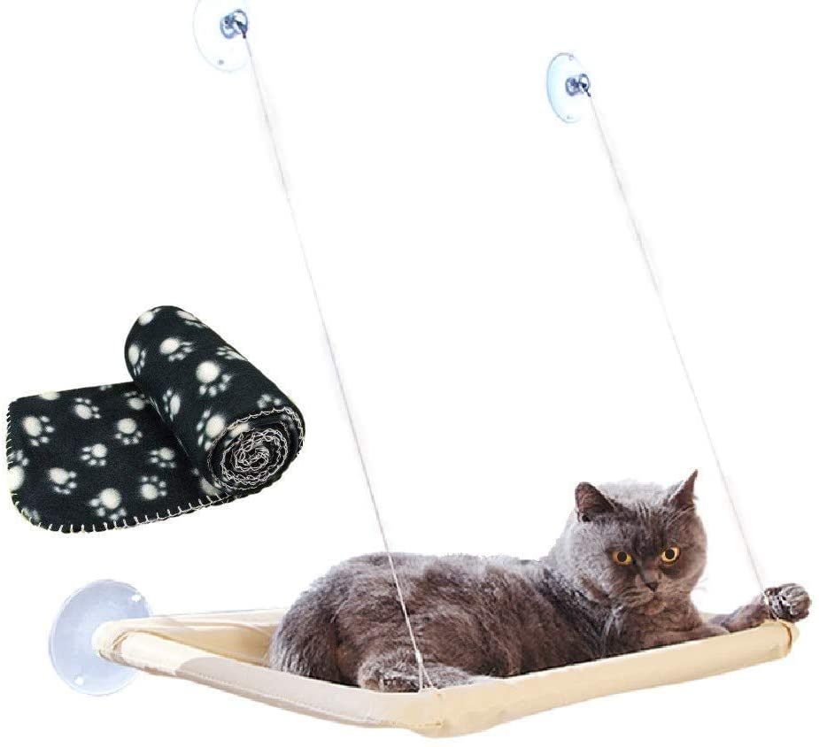  JZK Ventana montada hamaca para gato + manta gato, cama colgante mascota ventosas y manta negra para gato perca 
