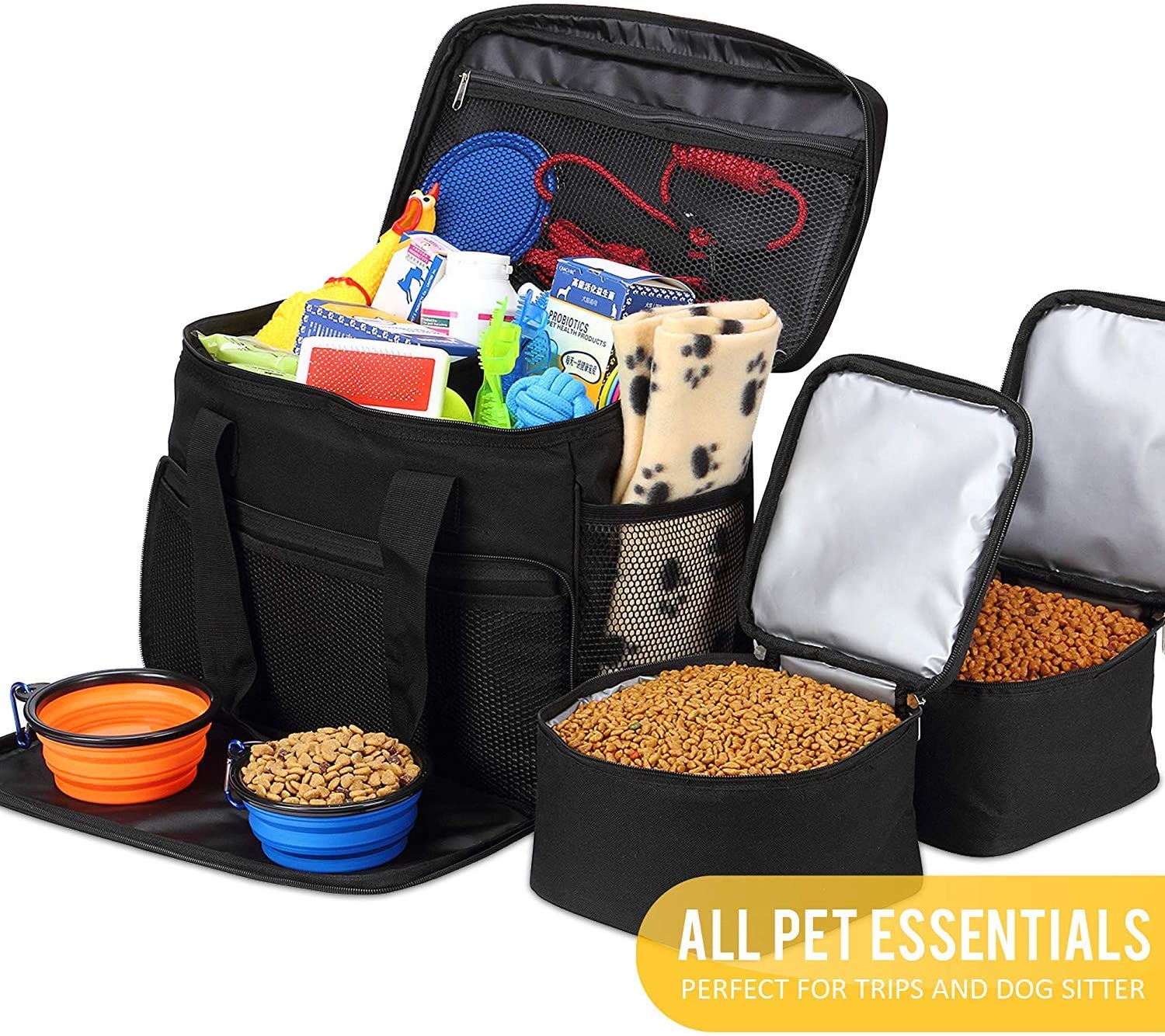  KOPEKS Bolsa de Viaje para Perros, Gatos, Mascotas, Bolso Térmico con Compartimientos, Comedero y Bebedero Plegables - Kit de Viaje - Negro 
