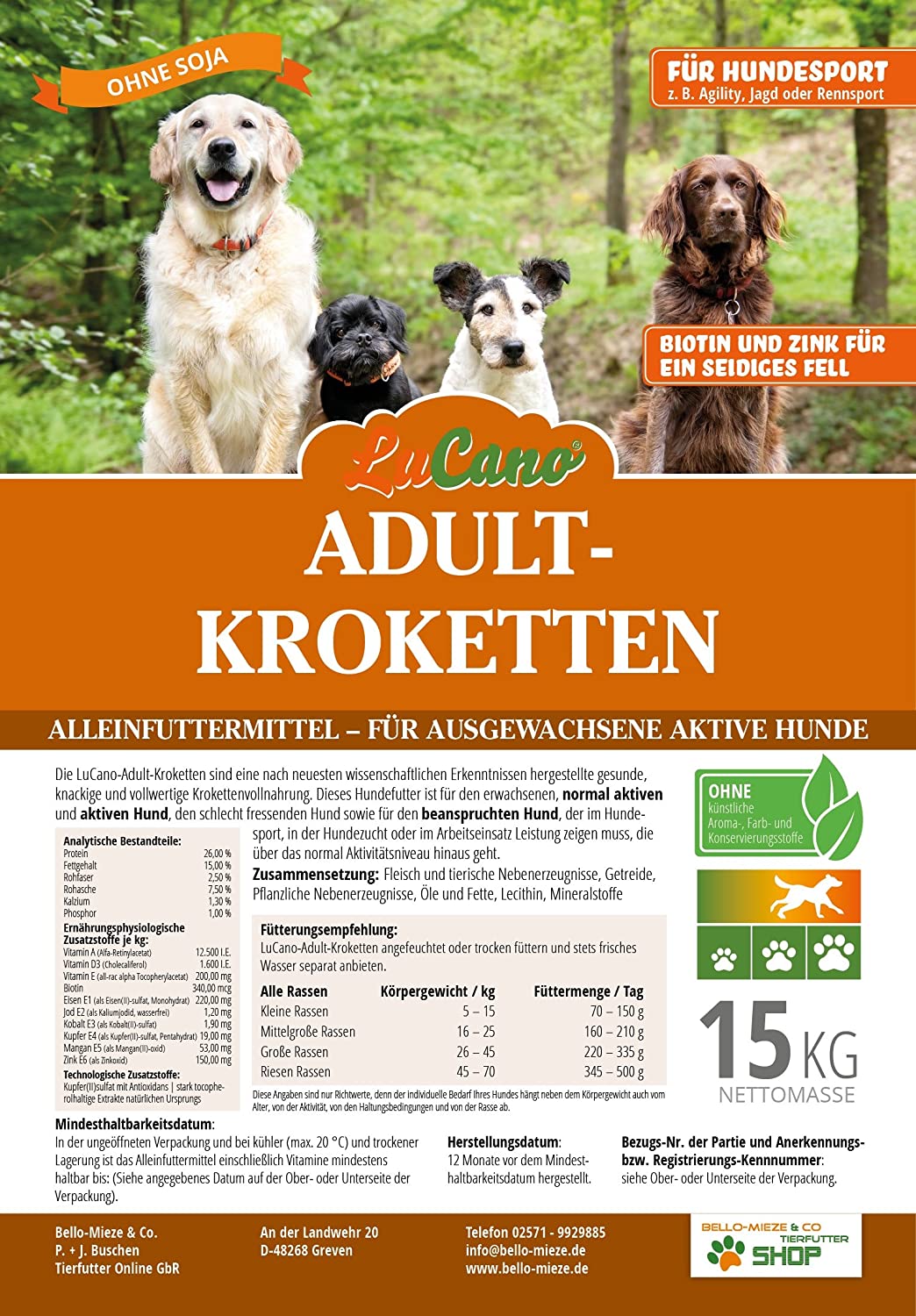  LuCano Metaphys 15 kg Adult Premium de krokette soja sin/con Biotina y zinc para ser sedoso/de pelo para perros activa 