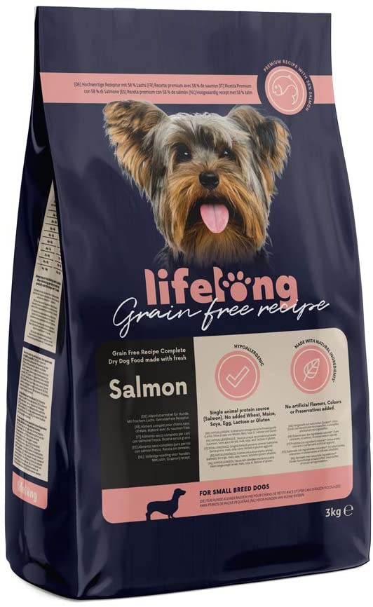 Marca Amazon - Lifelong Alimento seco completo para perros de razas pequeñas con salmón fresco, receta sin cereales - 3kg 