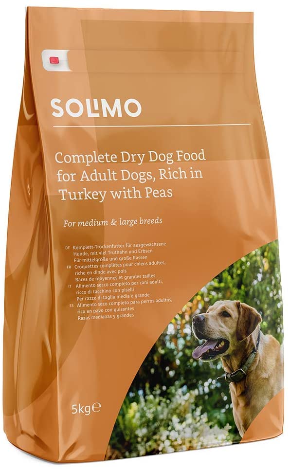  Marca Amazon - Solimo - Alimento seco completo para perro adulto rico en pavo con guisantes, 2 Packs de 5kg 