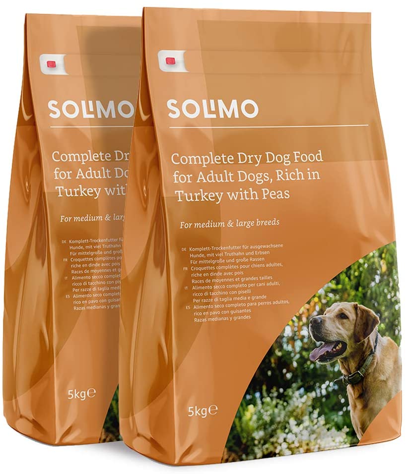  Marca Amazon - Solimo - Alimento seco completo para perro adulto rico en pavo con guisantes, 2 Packs de 5kg 