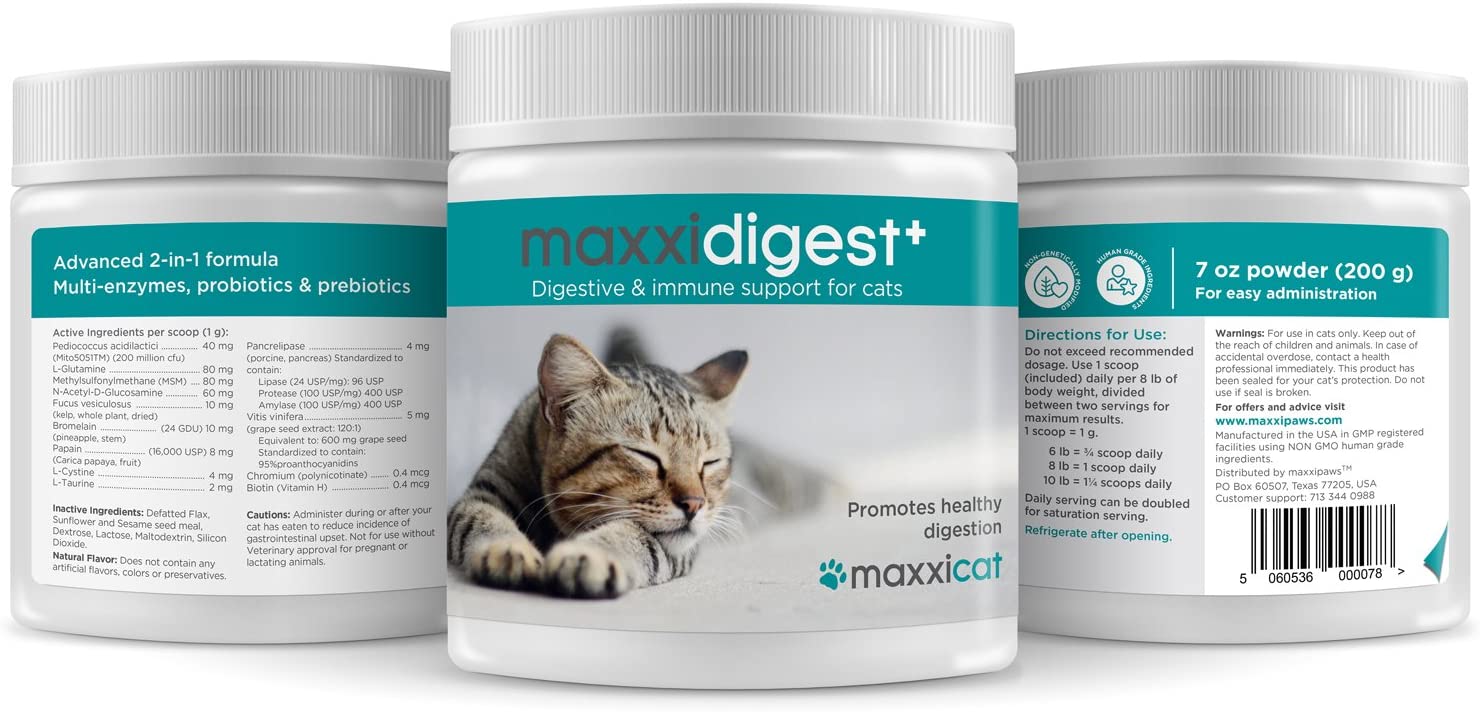  maxxicat – maxxidigest+ Probióticos, prebióticos y enzimas digestivas para Gatos - Ayuda Avanzada a la digestión Felina & al Sistema inmunológico - Sin Polvo OGM - Polvos 200 g 