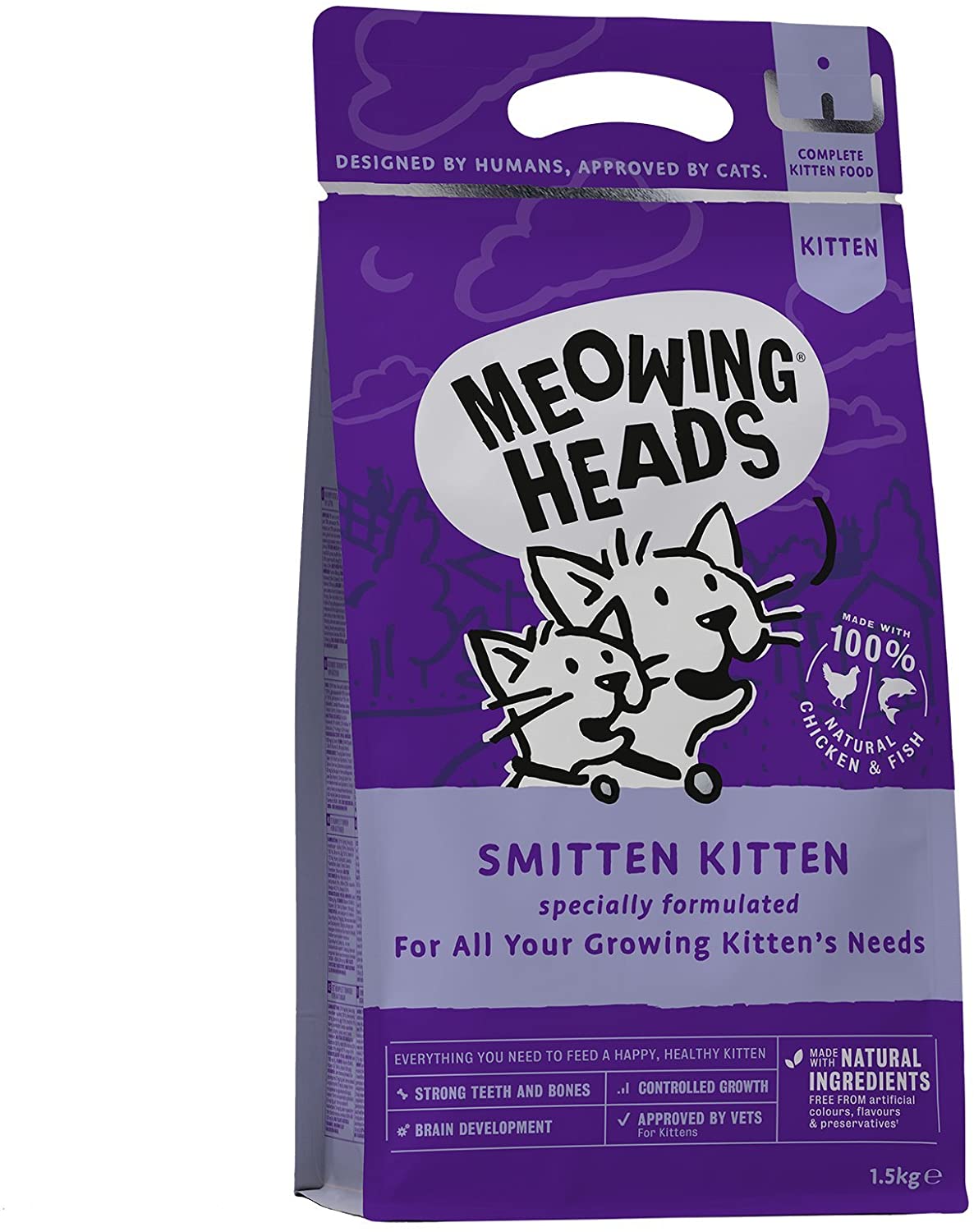  Meowing Heads Comida Seca para Crías De Gato-Smitten Kitten-100% Natural, Pescado Y Pollo Sin Aromas Artificiales, Ayuda A Mejorar El Desarrollo Cerebral Saludable, 1.5 Kg, 1,5 kg 
