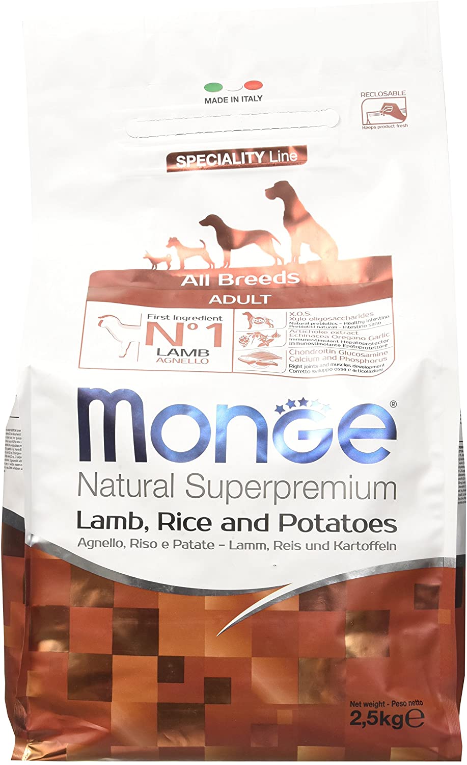 Monge - Alimento All Breeds con Cordero/arroz/Patatas Envase de 2,5 Kg - Alimento Completo para Perros Adultos de Razas Medias 
