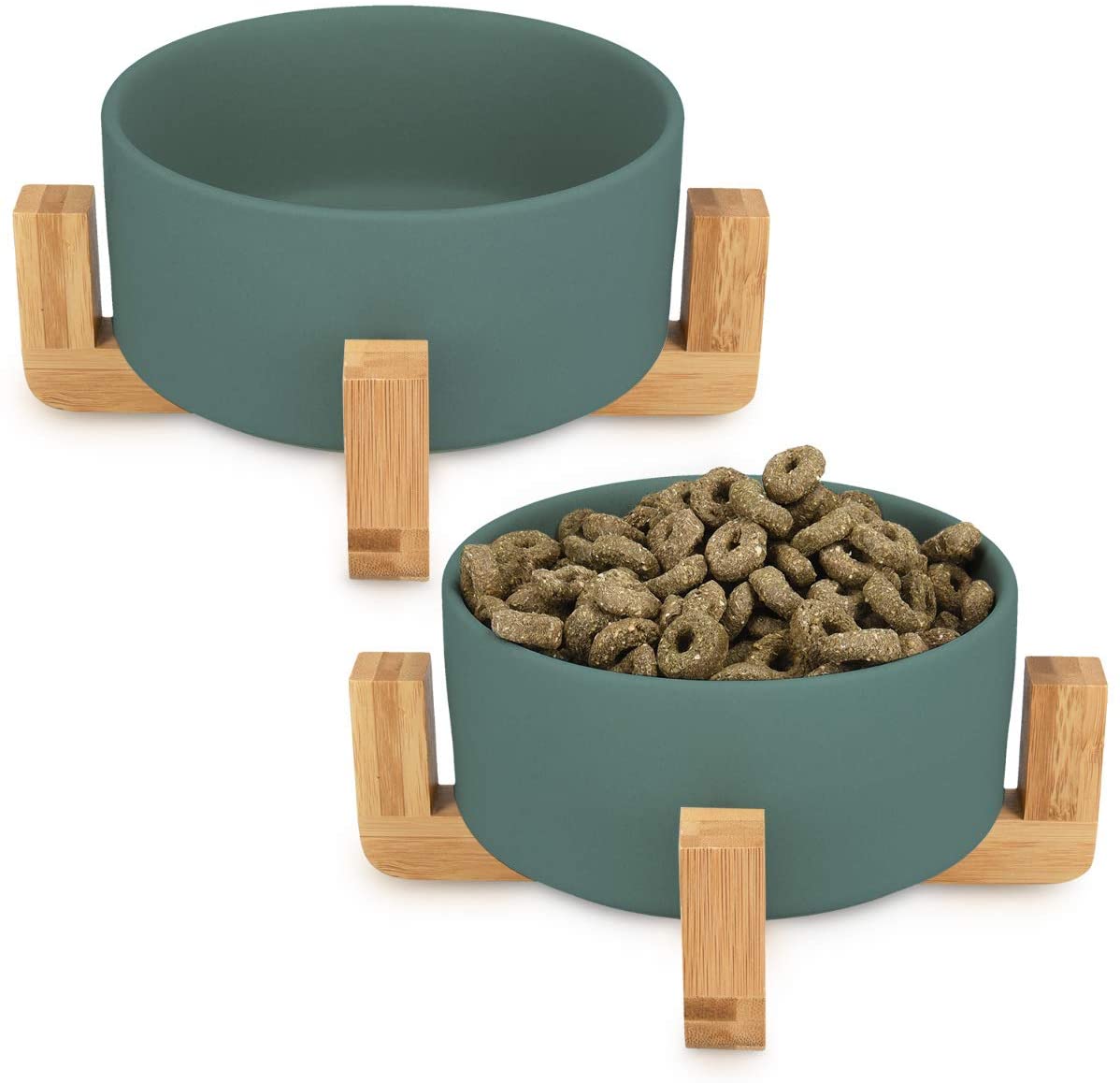  Navaris 2X Cuencos elevados para Mascotas - Comedero y Bebedero de cerámica para Perros Gatos Cachorros - con Soportes de bambú Antideslizante - en Verde 