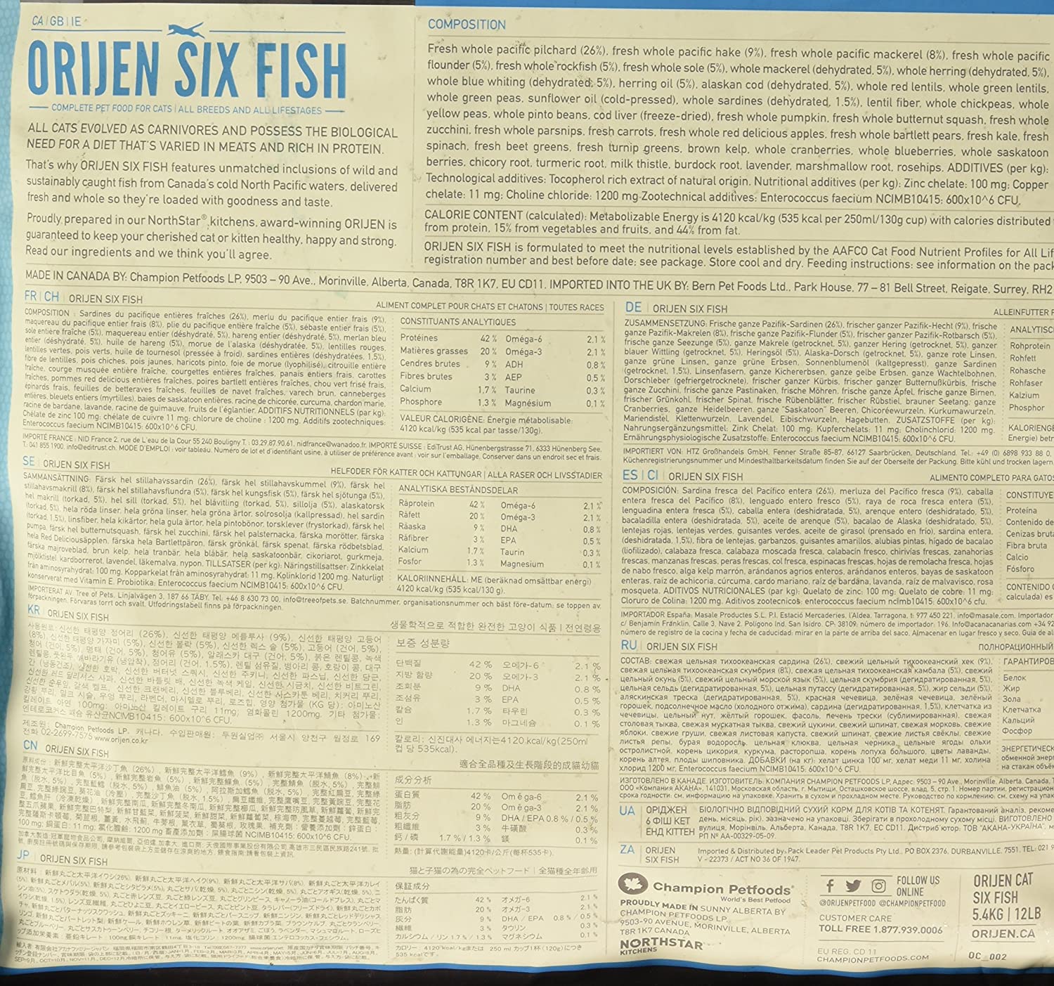  Orijen 6 Fish Comida para Gatos - 1800 gr 