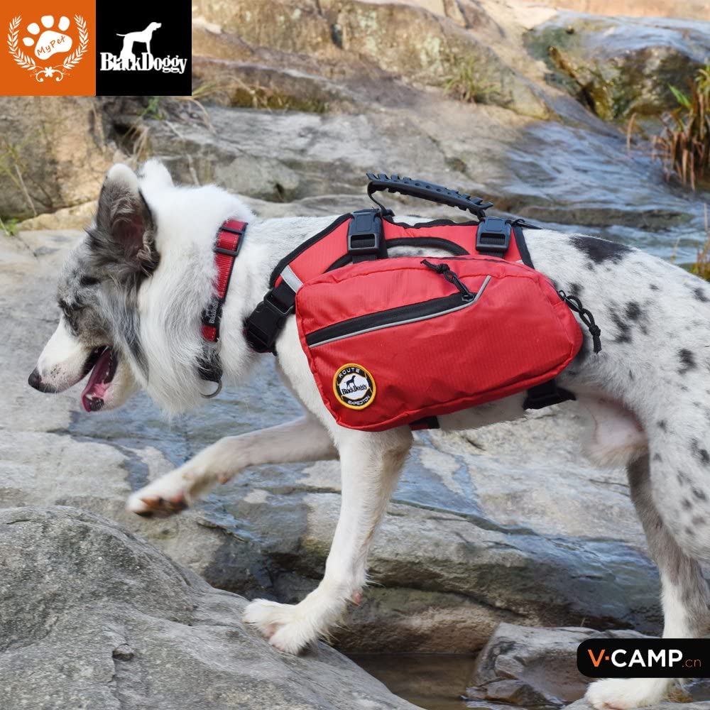  PALMFOX 1 Pcs 2 En 1 Mochila para Perros Impermeable Pet Saddlebag Vest ArnéS Hound Hiking Gear, Reflectante Seguridad Alforja Ajustable con 2 Paquetes ExtraíBles Rojo M 