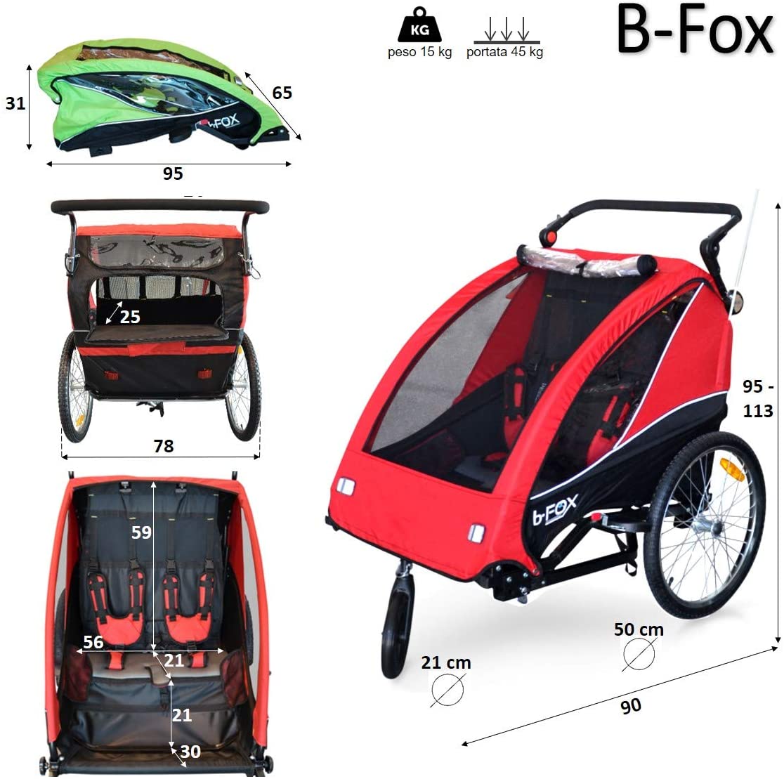  Papilioshop B-Fox Fox - Remolque de bicicleta, para el transporte de 2 niños: Cochecito con ruedas delanteras giratorias, para niños, plegable 