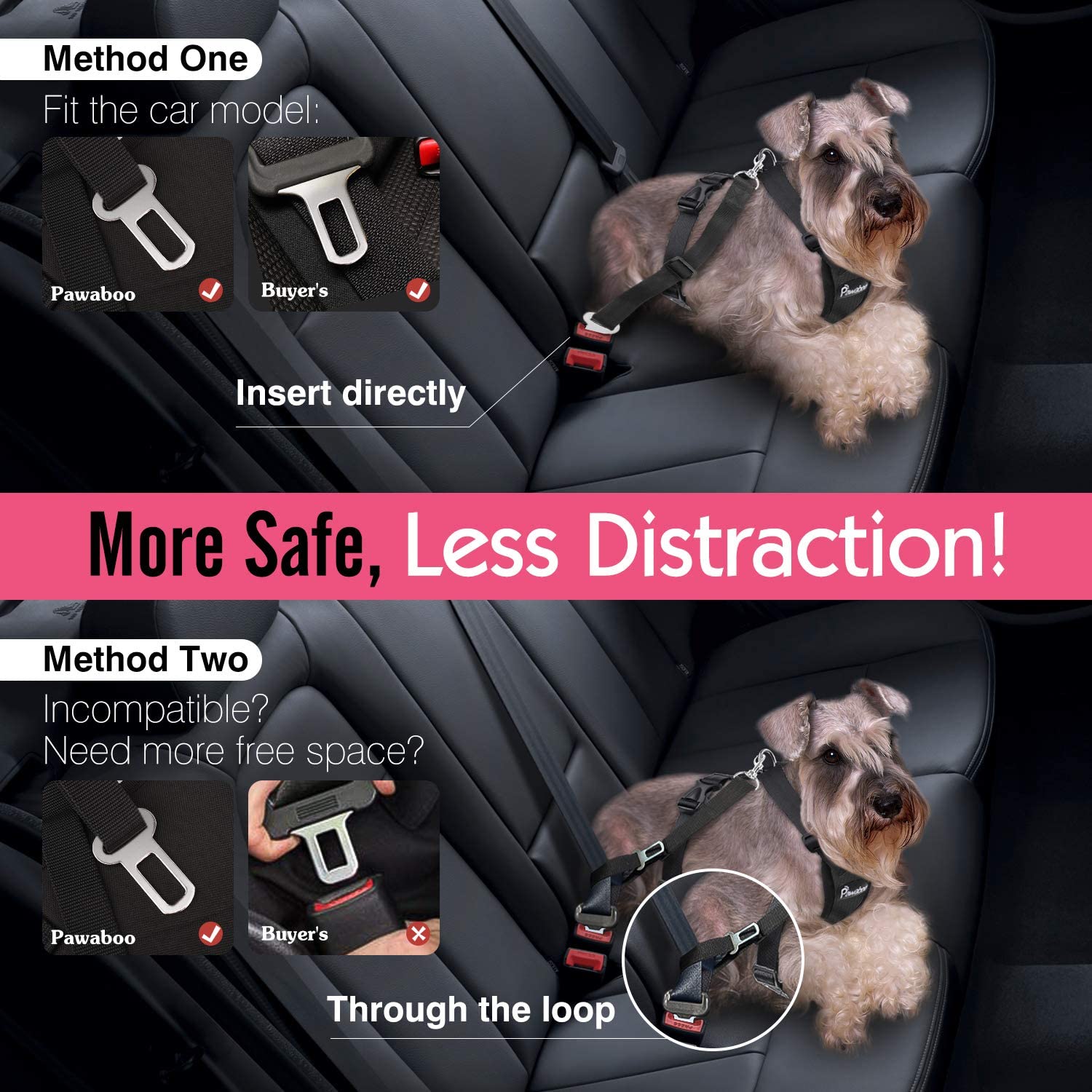  Pawaboo Cinturón de Arnés de Chaleco de Seguridad para Perros, Mascotas Arnés Ajustable para el Conductor para Perros de 11 lb-33 LB, Negro 