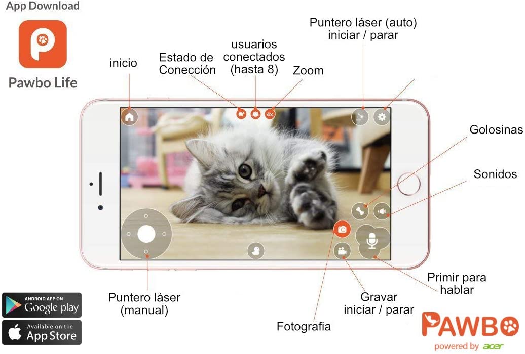  Pawbo Plus Cámara interactiva para Mascotas con tecnología Acer: cámara de Video HD WiFi con Audio bidireccional, con dispensador de golusinas y Puntero láser deseñado para Perros y Gatos 