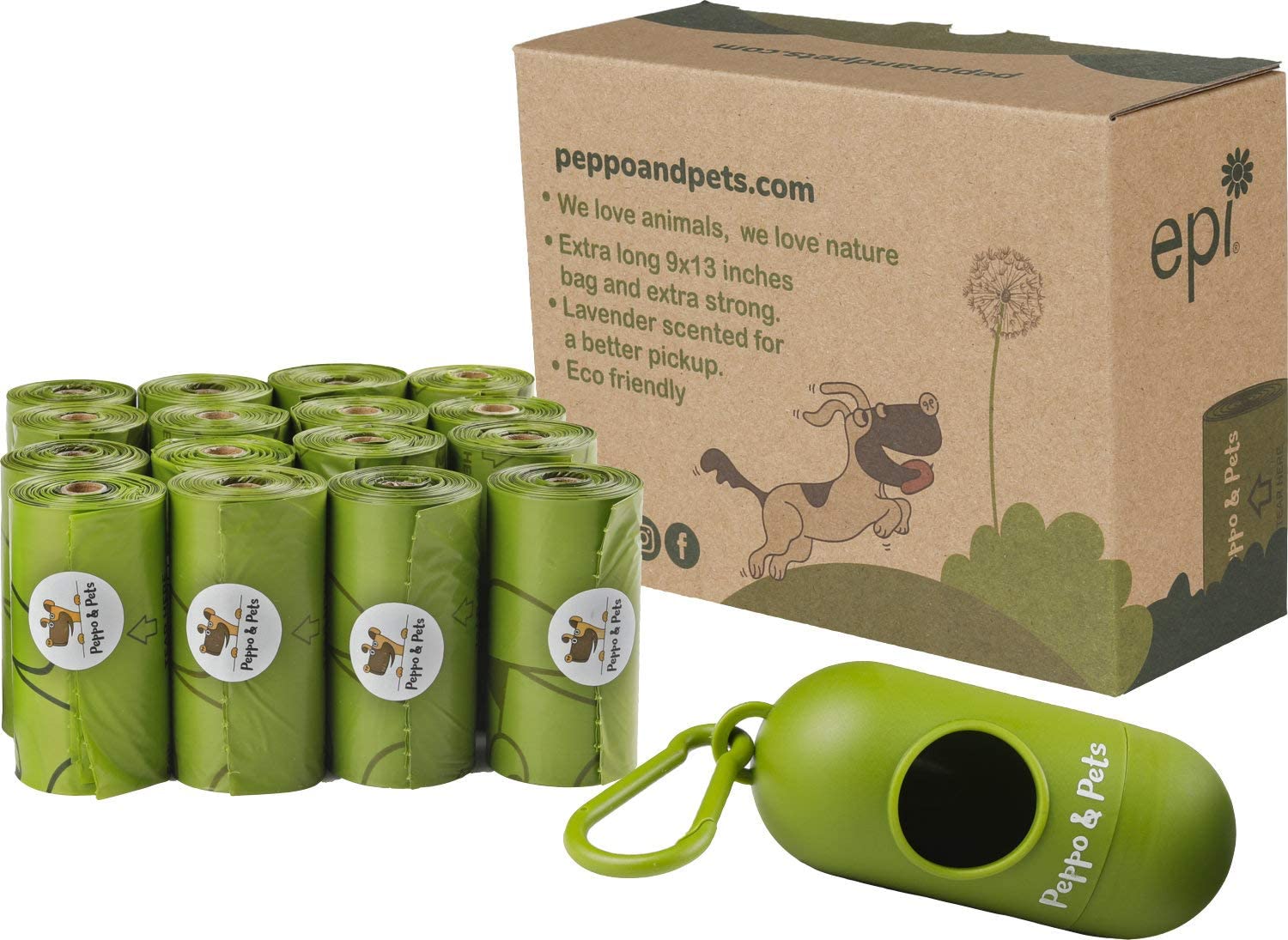  Peppo and Pets- 240 Bolsas biodegradables para excrementos de Perro. (16 Rollos) + (1 dispensador) - Muy Resistentes- Olor a Lavanda- Opacas- A Prueba de Fugas 