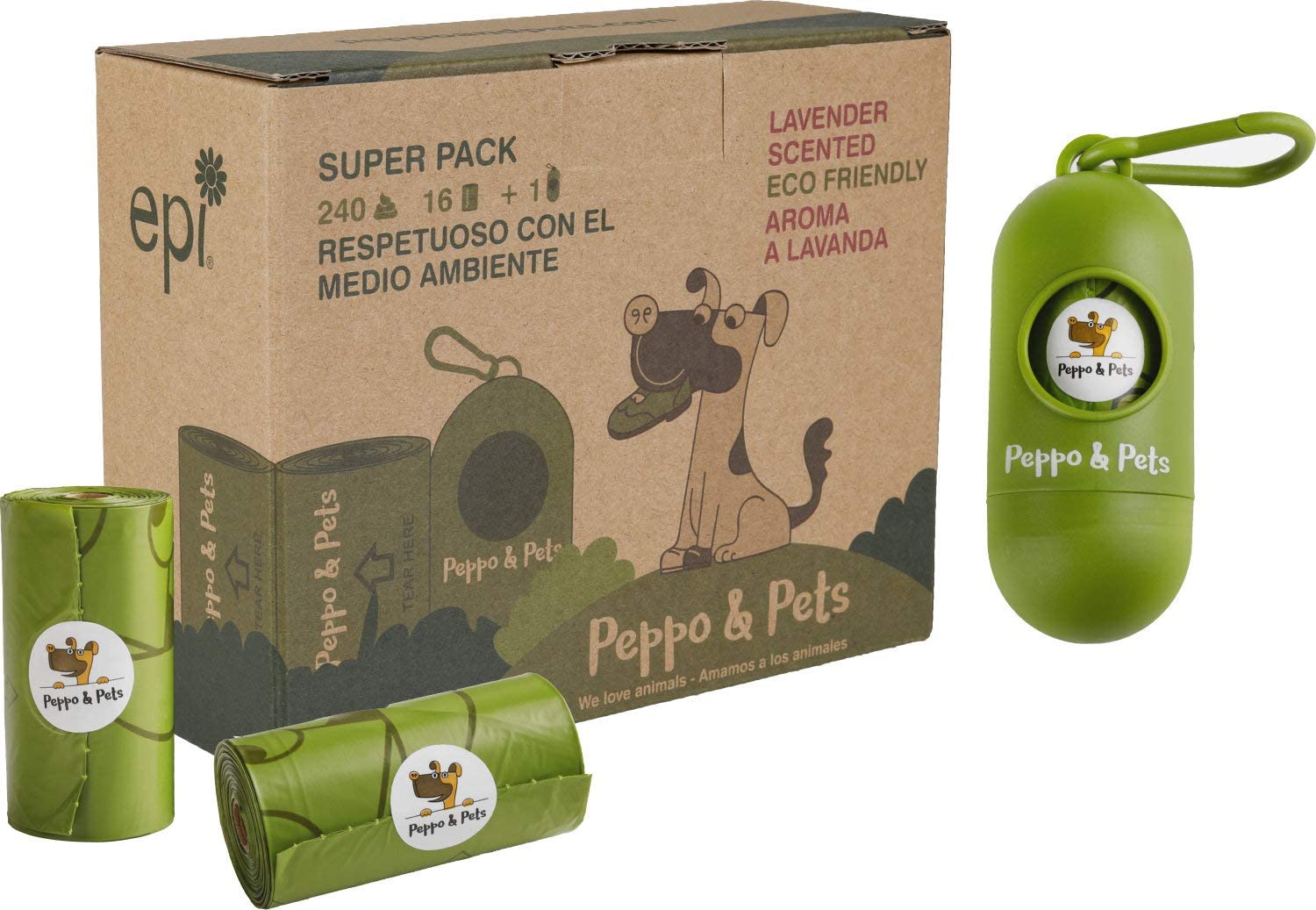  Peppo and Pets- 240 Bolsas biodegradables para excrementos de Perro. (16 Rollos) + (1 dispensador) - Muy Resistentes- Olor a Lavanda- Opacas- A Prueba de Fugas 