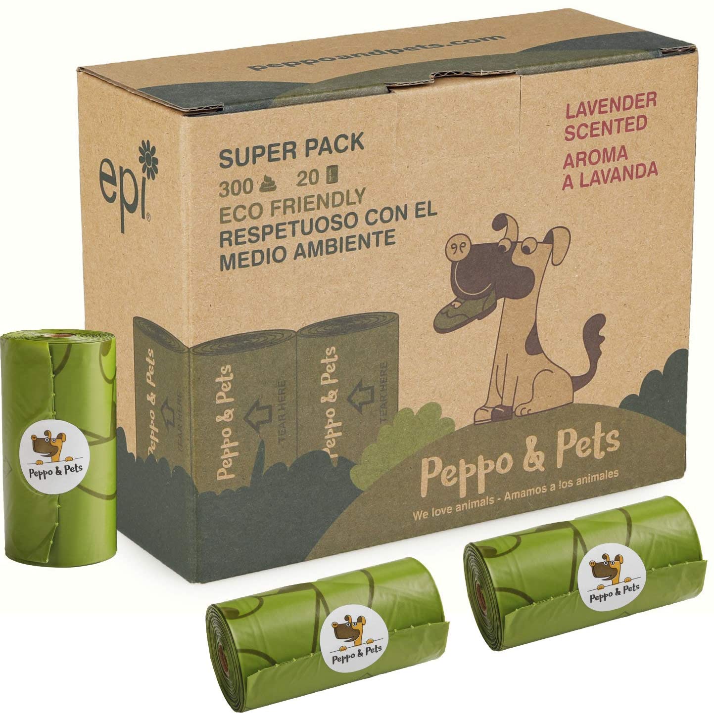 Peppo and Pets- 300 Bolsas biodegradables para excrementos de Perro - 20 Rollos- Muy Resistentes - Olor a Lavanda- Opacas- A Prueba de Fugas 