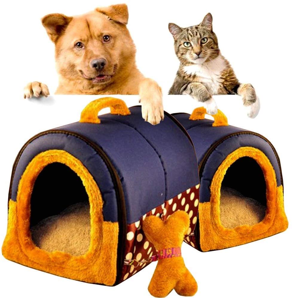 Pet House 2-en-1 Y El Clásico Sofá Portátil Lavable Antideslizante Dog Cat Cave House Camas con Cojín Removible Cálido (Color : Azul, Tamaño : S) 